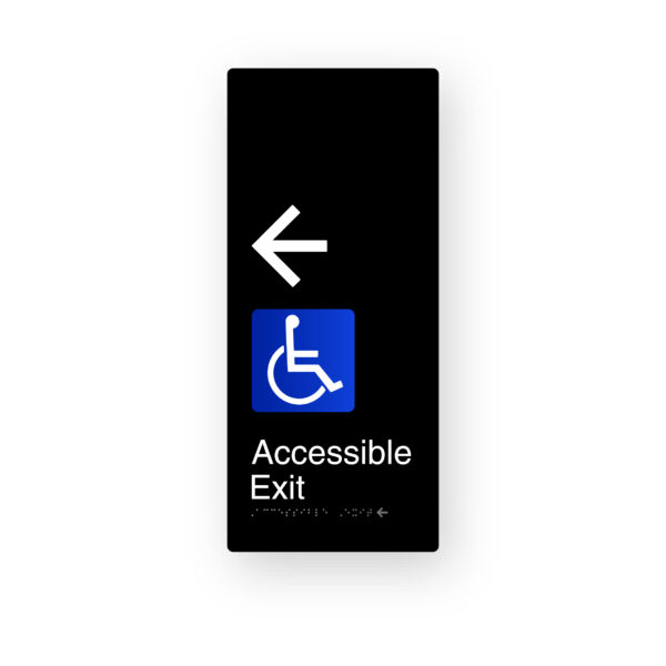 Accessible Exit Left Arrow Black Aluminium Braille Sign
