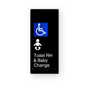 Accessible Toilet RH & Baby Change. Black Aluminium Braille Sign