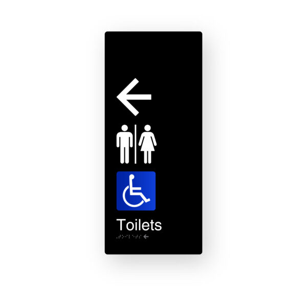 Airlock Toilets Left Arrow. Male, Female, Accessible. Black Aluminium Braille Sign