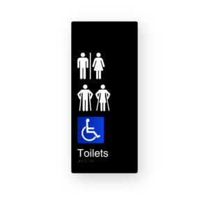 Airlock Toilets. Male, Female, Ambulant & Accessible. Black Aluminium Braille Sign