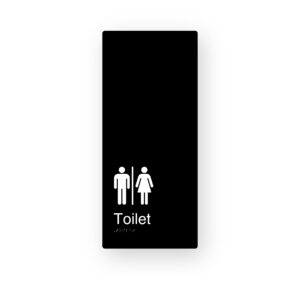 Airlock Toilets, Male Female. Black Aluminium Braille Sign