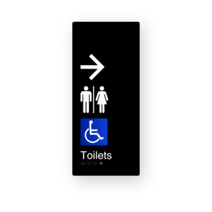 Airlock Toilets Right Arrow. Male, Female, Accessible Symbol. Black Aluminium Braille Sign