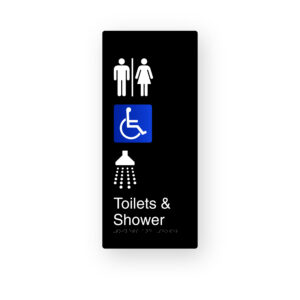 Airlock Toilets & Shower. Male, Female, Accessible & Shower. Black Aluminium Braille Sign