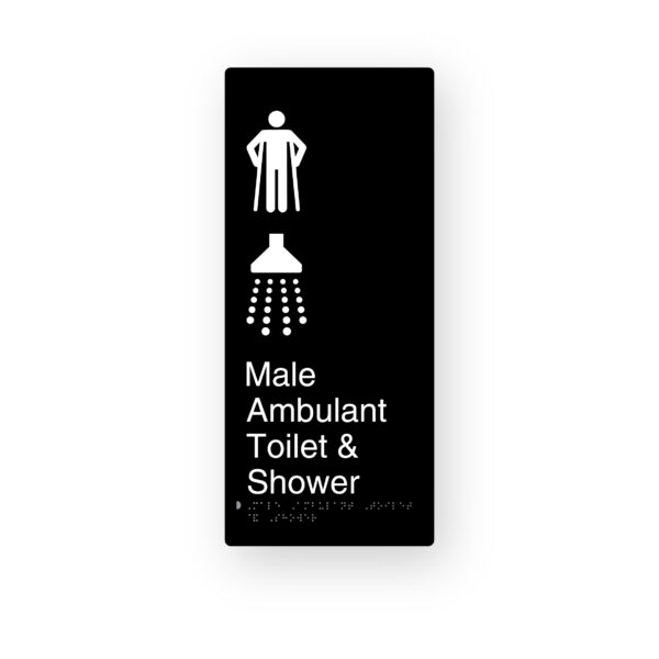 Male Ambulant Toilet & Shower Black Aluminium Braille Sign