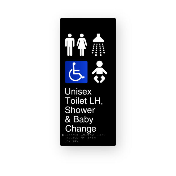 Unisex Accessible Toilet LH Shower Baby Change Black Aluminium Braille Sign
