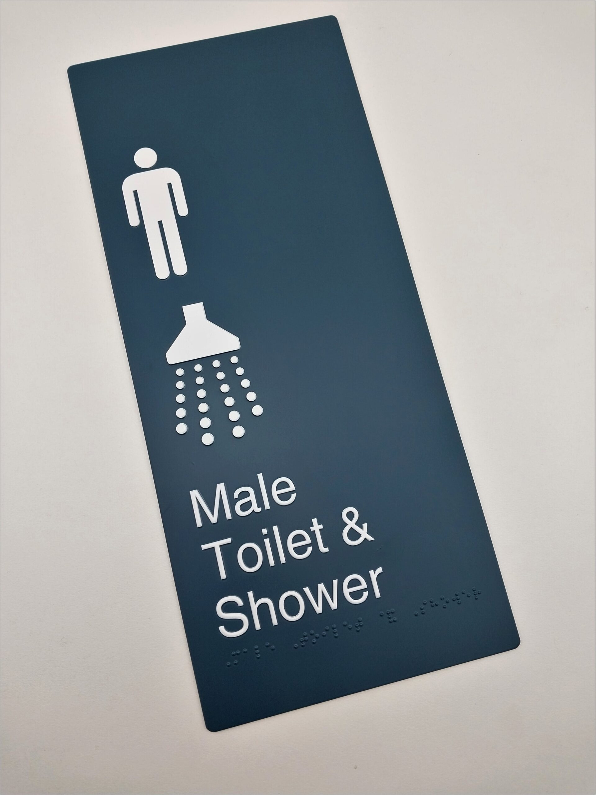Male Toilet & Shower Aluminium Braille Sign finished in Dulux Dily Blue 2pac
