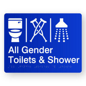 Airlock - All Gender Toilets & Shower Braille Sign in Blue Acrylic