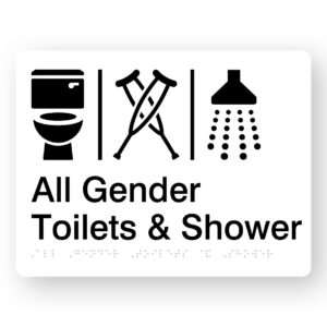 Airlock - All Gender Toilets & Shower Braille Sign in White Acrylic