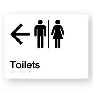 Airlock - Toilets (Left Arrow) Braille Sign in White Acrylic - Image 1