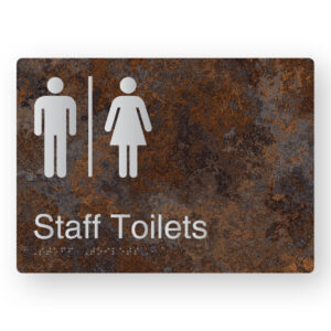 Airlock - Staff Toilets Braille Sign in a Distressed Metal Finish