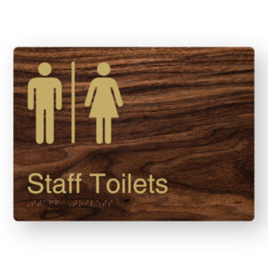 Airlock - Staff Toilets Braille Sign in a Dark Woodgrain & Brass Finish