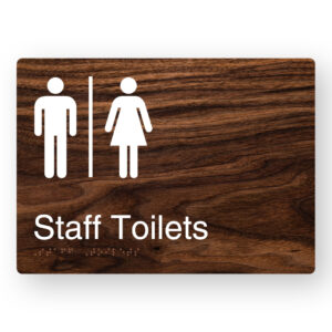 Airlock - Staff Toilets Braille Sign in a Dark Woodgrain