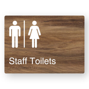 Airlock - Staff Toilets Braille Sign in a Mid-Tone Woodgrain