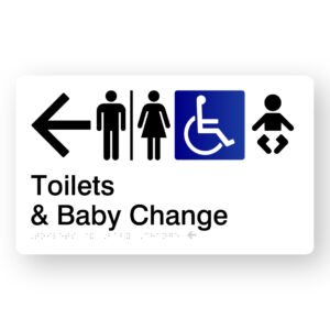 Airlock - Toilets & Baby Change (Left Arrow) Braille Sign in White Acrylic - Image 1