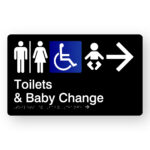 Airlock - Toilets & Baby Change (Right Arrow) Braille Sign in Black Acrylic. A Black panel with white raised tactile text & graphics including Male, Airlock, Female, Accessible, Baby & Right Arrow symbol.