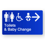 Airlock - Toilets & Baby Change (Right Arrow) Braille Sign in Blue Acrylic. A Blue panel with white raised tactile text & graphics including Male, Airlock, Female, Accessible, Baby & Right Arrow symbol.