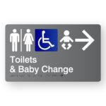 Airlock - Toilets & Baby Change (Right Arrow) Braille Sign in Grey Acrylic. A grey panel with white raised tactile text & graphics including Male, Airlock, Female, Accessible, Baby & Right Arrow symbol.