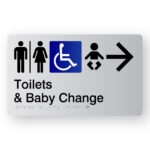 Airlock -Toilet & Baby Change (Right Arrow) Braille Sign in Silver Acrylic. A silver panel with black raised tactile text & graphics including Male, Airlock, Female, Accessible, Baby & Right Arrow symbol.