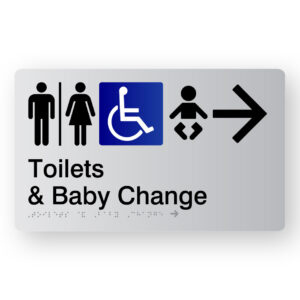 Airlock -Toilet & Baby Change (Right Arrow) Braille Sign in Silver Acrylic. A silver panel with black raised tactile text & graphics including Male, Airlock, Female, Accessible, Baby & Right Arrow symbol.