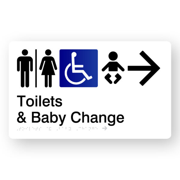 Airlock - Toilet & Baby Change (Right Arrow) Braille Sign in White Acrylic. A White panel with black raised tactile text & graphics including Male, Airlock, Female, Accessible, Baby & Right Arrow symbol.