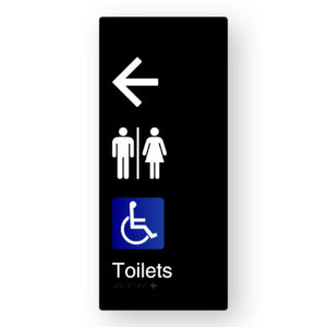 Airlock -  Toilets (Left Arrow) Braille Sign in XL Black Aluminium