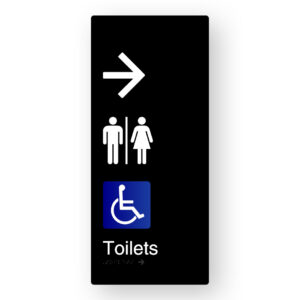 Airlock -  Toilets (Right Arrow) Braille Sign in XL Black Aluminium
