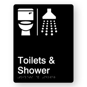 Airlock - Toilets & Showers Braille Sign in Portrait Black Acrylic - Image 1