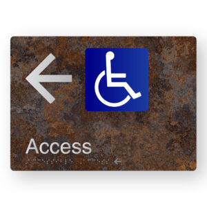 Accessible Access (Left Arrow) Braille Sign in a Distressed Metal Finish
