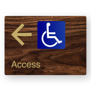 Accessible Access (Left Arrow) Braille Sign in a Dark Woodgrain & Brass Finish