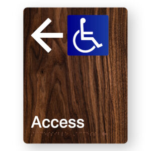 Accessible Access (Left Arrow) Braille Sign in Portrait Dark Woodgrain