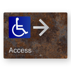 Accessible Access (Right Arrow) Braille Sign in a Distressed Metal Finish