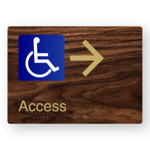 Accessible Access (Right Arrow) Braille Sign in a Dark Woodgrain & Brass Finish