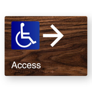 Accessible Access (Right Arrow) Braille Sign in a Dark Woodgrain