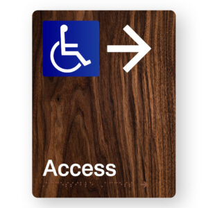 Accessible Access (Right Arrow) Braille Sign in Portrait Dark Woodgrain