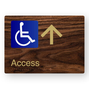 Accessible Access (Up Arrow) Braille Sign in a Dark Woodgrain & Brass Finish