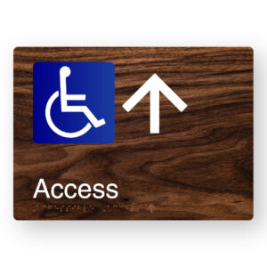 Accessible Access (Up Arrow) Braille Sign in a Dark Woodgrain