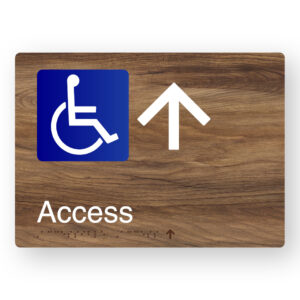 Accessible Access (Up Arrow) Braille Sign in a Mid-Tone Woodgrain