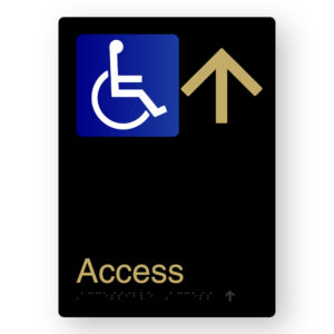 Accessible Access (Up Arrow) Braille Sign in Portrait Black & Satin Brass Finish