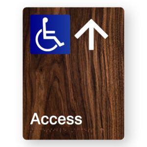 Accessible Access (Up Arrow) Braille Sign in Portrait Dark Woodgrain