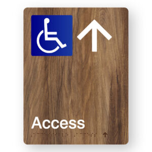 Accessible Access (Up Arrow) Braille Sign in Mid-Tone Woodgrain Portrait  Acrylic