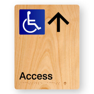 Accessible Access (Up Arrow) Braille Sign in Portrait Woodgrain Acrylic