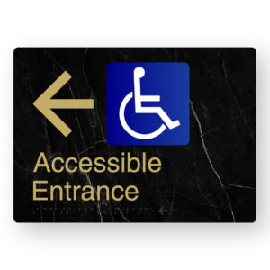 Accessible Entrance (Left Arrow) Braille Sign in a Black Marble & Satin Brass Finish