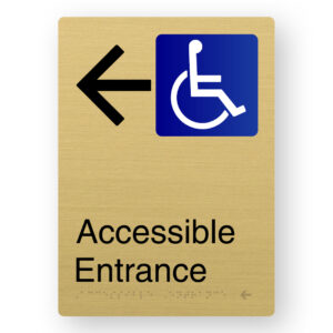 Accessible Entrance (Left Arrow) Braille Sign in Portrait Satin Brass Finish