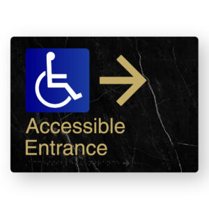 Accessible Entrance (Right Arrow) Braille Sign in a Black Marble & Satin Brass Finish