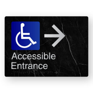 Accessible Entrance (Right Arrow) Braille Sign in a Black Marble & Silver Finish