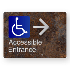 Accessible Entrance (Right Arrow) Braille Sign in a Distressed Metal Finish