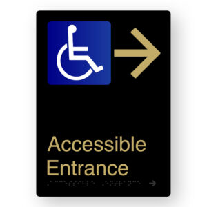 Accessible Entrance (Right Arrow) Braille Sign in Portrait Black & Satin Brass Finish