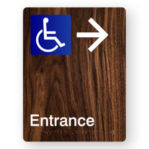 Accessible Entrance (Right Arrow) Braille Sign in Portrait Dark Woodgrain
