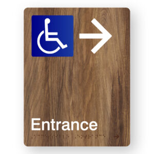 Accessible Entrance (Right Arrow) Braille Sign in Mid-Tone Woodgrain Portrait  Acrylic
