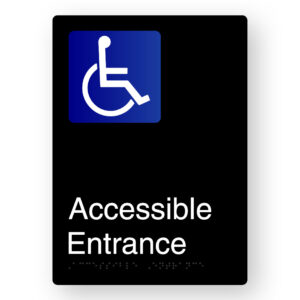 Accessible Entrance Braille Sign in Portrait Black Aluminium